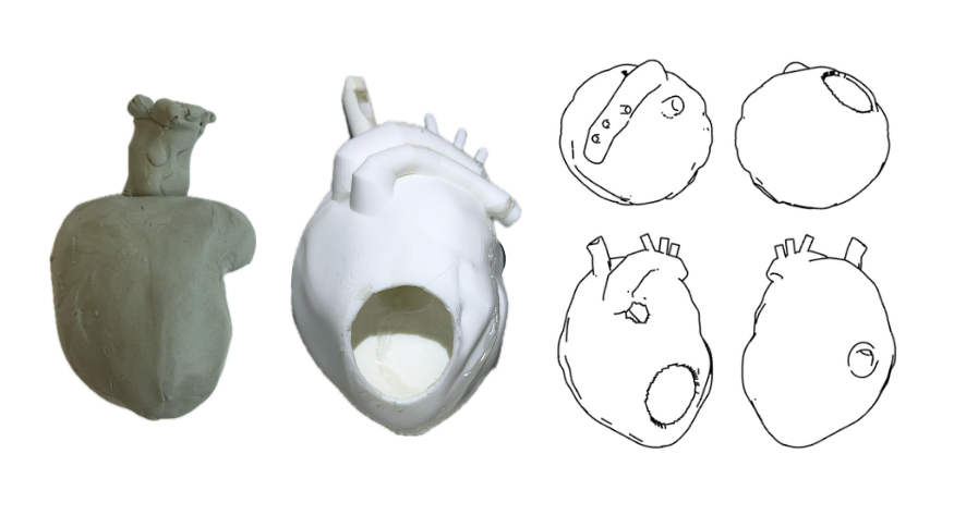 Plastilina sketch model, CAD model and line drawings of the whistle