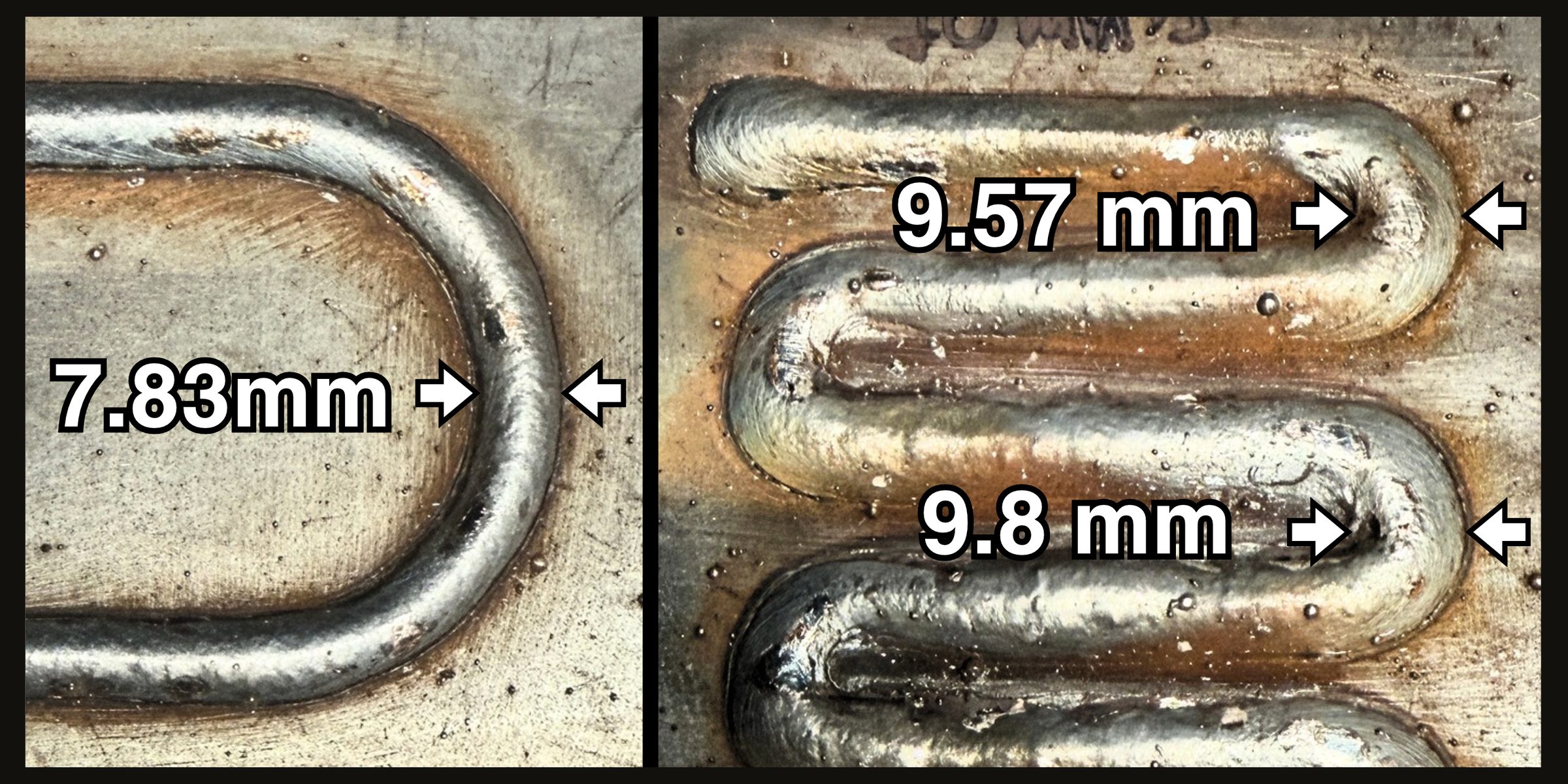 Two welded beads with bead width measured at the curve: 7.83 mm on a wider curve, 9.57 mm and 9.8 mm on tighter curves