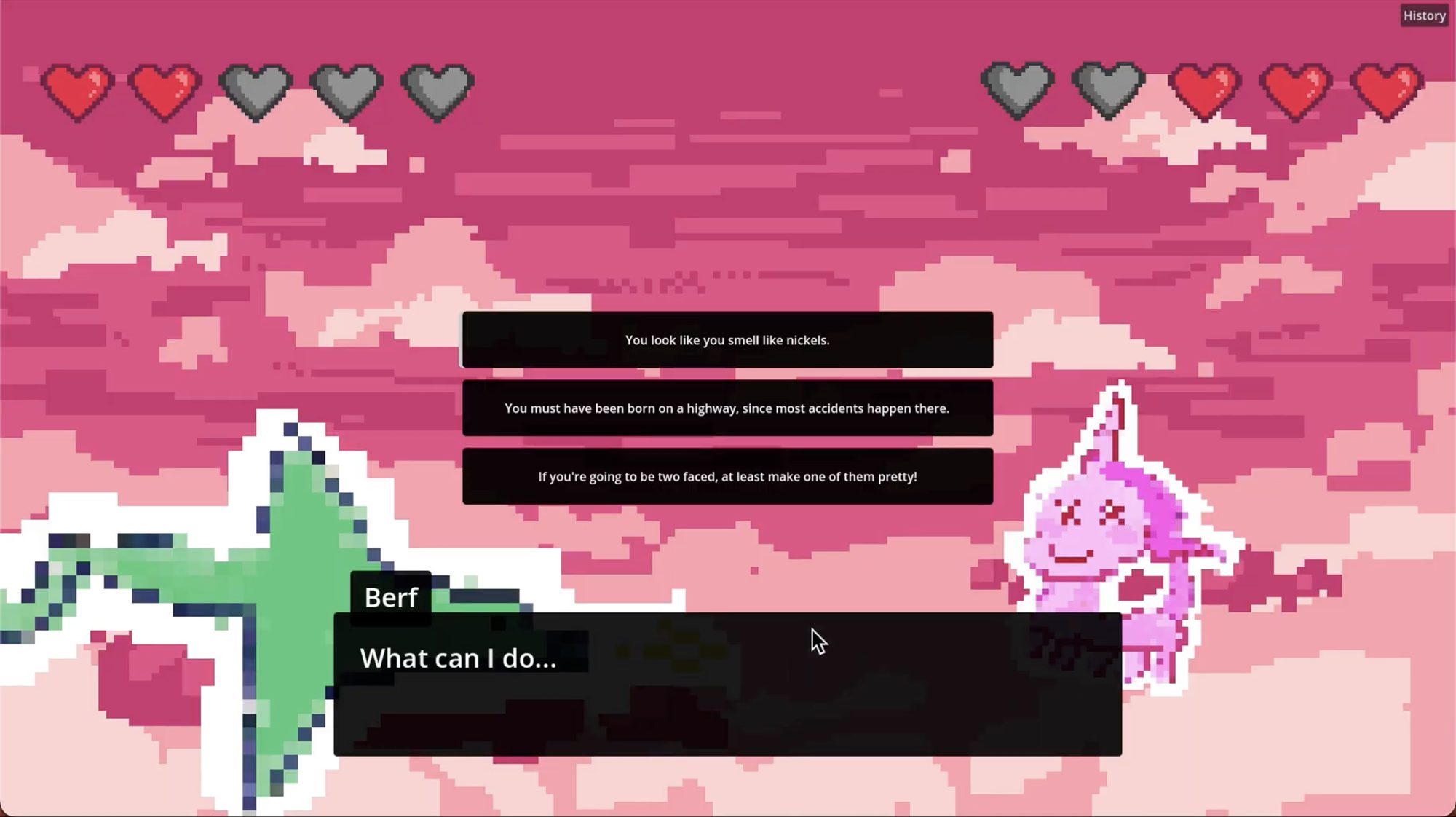 A pink pixel-art battle scene with heart health bars